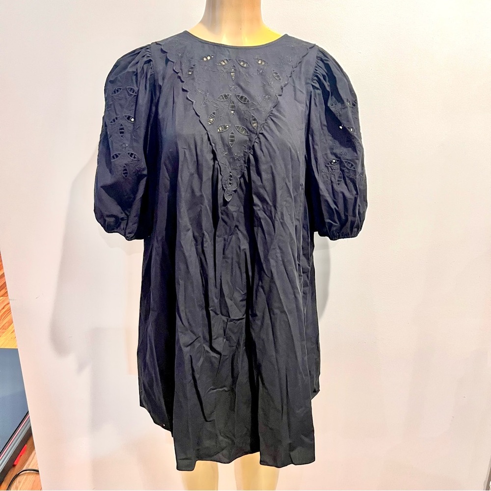 H&M Black Cotton Dress Sz M Eyelet Sleeves Loose Cotton